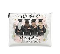 Borsa per il trucco floreale di laurea, elegante sacchetto cosmetico per le donne, organizer portatile con cerniera, regalo per la el 2026, bianco, 7x9 Inch, Celebrazione