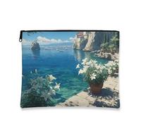 Borsa per il trucco floreale, elegante borsa da viaggio per cosmetici costieri con gigli bianchi, piccola borsa portatile in tela con cerniera, regalo per vacanze al mare per la cura della pelle borsa