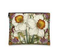 Borsa per il trucco floreale vintage, borsa da viaggio artistica con narciso per donne, organizer portatile in tela con cerniera, borsa da toilette primaverile per la cura della pelle, bianco, 7x9