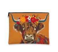 Borsa per il trucco floreale vintage, borsa da viaggio per cosmetici con design a mucca colorata per donne, organizer portatile in tela con cerniera, borsa da toilette regalo primaverile, Arancione