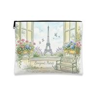 Borsa per il trucco floreale vintage, borsa da viaggio per cosmetici con finestra parigina, organizer portatile in tela con cerniera, borsa da toilette primaverile per la cura della pelle, bianco, 7x9