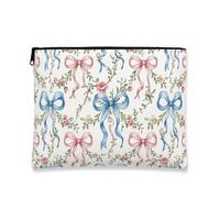 Borsa per il trucco floreale vintage, borsa da viaggio per cosmetici con fiocco blu e pesca, organizer portatile in tela con cerniera, borsa da toilette primaverile per la cura della pelle, Bianco