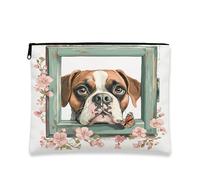 Borsa per il trucco floreale vintage, borsa da viaggio per cosmetici con ritratto di cane, organizer portatile in tela con cerniera, borsa da toilette primaverile per la cura della pelle, bianco, 7x9