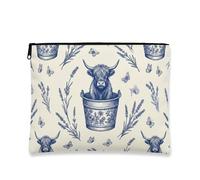 Borsa per il trucco floreale vintage, borsa da viaggio per cosmetici da donna, organizer portatile in tela con cerniera, borsa da toilette primaverile per la cura della pelle, Crema, 7x9 Inch, Mucca
