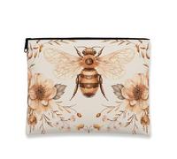 Borsa per il trucco floreale vintage, borsa da viaggio per cosmetici, design ape, piccola borsa portatile in tela con cerniera, borsa da toilette primaverile per la cura della pelle, Beige, 7x9 Inch