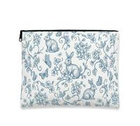 Borsa per il trucco floreale vintage, borsa per cosmetici da donna, con coniglietto blu e fiore, organizer portatile in tela con cerniera, borsa da viaggio primaverile, Blu, 7x9 Inch, coniglietto