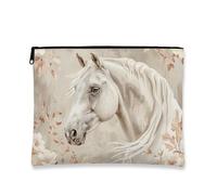 Borsa per il trucco floreale vintage, elegante astuccio da viaggio con design a cavallo, borsa da viaggio portatile in tela con cerniera, borsa da toilette autunnale per la cura della pelle, Beige