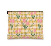 Borsa per il trucco floreale vintage, pochette da viaggio per cosmetici a scacchi con tulipani pesca per donne, organizer portatile in tela con cerniera, borsa da toilette primaverile per la cura
