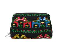 Borsa per il trucco folk da viaggio con scomparti, borsa da toilette portatile da donna con motivo corridore svedese con cavalli, Argento, One Size