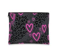 Borsa per il trucco Funky Chic, con stampa di cuori di pesca e leopardo, borsa da viaggio per donne, organizer portatile in tela con cerniera, regalo di San Valentino, Nero, 7x9 Inch, Cuori