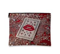 Borsa per il trucco glamour, con labbra rosse, borsa da viaggio per cosmetici, da donna, piccola borsa portatile in tela con cerniera, perfetta per festival e vacanze per la cura della pelle, Rosso