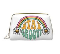 Borsa per il trucco grande da viaggio, organizer per cosmetici, in pelle, portatile, impermeabile, con cerniera, per donne e ragazze adolescenti, motivo: arcobaleni e margherite, bianco