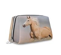 Borsa per il trucco grande, in pelle, con cavallo Palomino con lunga corsa nella polvere, borsa per cosmetici da viaggio, portatile, versatile, con cerniera, da donna, marrone, giallo, S, Giallo