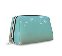 Borsa per il trucco grande in pelle con stampa di dente di leone, fiori sulla fioritura del vento, borsa cosmetica da viaggio portatile versatile con cerniera per donne, verde bianco, M, Verde