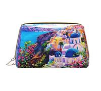 Borsa per il trucco grande in pelle Santorini Seascape, borsa per cosmetici con cerniera, organizer per cosmetici da viaggio per donne e ragazze
