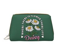 Borsa per il trucco grande, organizer da viaggio per cosmetici, in pelle, portatile, impermeabile, con cerniera, per donne e ragazze adolescenti, motivo: margherite e parole, verde