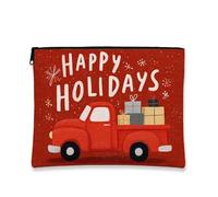 Borsa per il trucco "Happy Holidays", borsa da viaggio per cosmetici da camion rosso vintage per donna, organizer portatile in tela con cerniera, borsa da toilette natalizia per la cura della pelle,