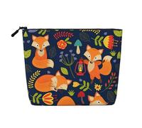 Borsa per il trucco in canapa finta con animale carino e fiore di volpe, grande capacità, borsa da viaggio per articoli da toeletta resistente all'acqua per le donne