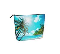 Borsa per il trucco in canapa finta con stampa a tema spiaggia tropicale di grande capacità, borsa da toeletta, borsa da viaggio con cerniera.