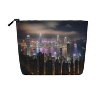 Borsa per il trucco in canapa finta con stampa di farfalle e margherite - Astuccio da viaggio per donne, conservazione quotidiana, viaggi di lavoro e altro ancora, Notte aerea di vista Hong Kong1