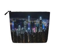 Borsa per il trucco in canapa finta con stampa di farfalle e margherite - Astuccio da viaggio per donne, conservazione quotidiana, viaggi di lavoro e altro ancora, Notte aerea di vista Hong Kong2