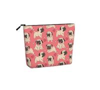 Borsa per il trucco in canapa finta con stampa di un cucciolo di carlino divertente e di grande capacità, borsa da viaggio con cerniera.