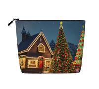 Borsa per il trucco in canapa finta con stampa di villaggio di carnevale di Natale, borsa da toilette con cerniera, accessori per donne, nero, taglia unica, Nero, One Size