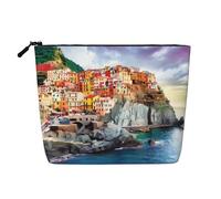 Borsa per il trucco in canapa finta stampata a mano con fiori disegnati a mano, organizer per articoli da toeletta da viaggio, conservazione giornaliera, essenziale per viaggi di lavoro, Cinque Terre