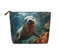 Borsa per il trucco in canapa sintetica con cucciolo di sigillo in acqua, da donna, in poliestere resistente all'acqua, con cerniera, grande borsa da viaggio per cosmetici