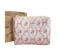 Borsa per il trucco in cotone con fiocco carino Fiore Quilting Donne Zipper Organizzatore Cosmetico Borsa in stoffa femminile Borsa da toilette portatile per ragazze, Pochette Rosa, Taglia unica