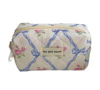 Borsa per il trucco in cotone con fiocco carino Fiore Quilting Donne Zipper Organizzatore Cosmetico Borsa in stoffa femminile Borsa da toilette portatile per ragazze, Borsa blu-ottagonale, Taglia