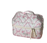 Borsa per il trucco in cotone con fiocco carino Fiore Quilting Donne Zipper Organizzatore Cosmetico Borsa in stoffa femminile Borsa da toilette portatile per ragazze, Borsa cosmetica rosa, Taglia
