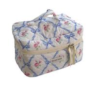 Borsa per il trucco in cotone con fiocco carino Fiore Quilting Donne Zipper Organizzatore Cosmetico Borsa in stoffa femminile Borsa da toilette portatile per ragazze, Borsa cosmetica blu, Taglia unica