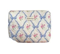 Borsa per il trucco in cotone con fiocco carino Fiore Quilting Donne Zipper Organizzatore Cosmetico Borsa in stoffa femminile Borsa da toilette portatile per ragazze, Pochette Blu, Taglia unica