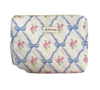 Borsa per il trucco in cotone con fiocco carino Fiore Quilting Donne Zipper Organizzatore Cosmetico Borsa in stoffa femminile Borsa da toilette portatile per ragazze, Pochette Blu, Taglia unica