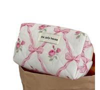 Borsa per il trucco in cotone con fiocco carino Fiore Quilting Donne Zipper Organizzatore Cosmetico Borsa in stoffa femminile Borsa da toilette portatile per ragazze, Borsa Rosa-ottagonale, Taglia