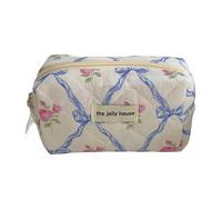 Borsa per il trucco in cotone con fiocco carino Fiore Quilting Donne Zipper Organizzatore Cosmetico Borsa in stoffa femminile Borsa da toilette portatile per ragazze, Borsa blu-ottagonale, Taglia