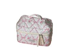 Borsa per il trucco in cotone con fiocco carino Fiore Quilting Donne Zipper Organizzatore Cosmetico Borsa in stoffa femminile Borsa da toilette portatile per ragazze, Borsa cosmetica rosa, Taglia