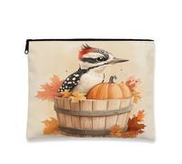 Borsa per il trucco in legno di picchio autunnale, con zucche autunnali, borsa da viaggio per donne e ragazze, organizer portatile con cerniera in tela piccola e foglia d'acero, 17,8 x 22,9