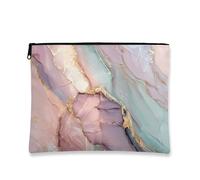 Borsa per il trucco in marmo, borsa da viaggio per cosmetici astratta pesca e blu per donne, piccola borsa portatile con cerniera in tela, elegante organizer per articoli da toeletta per la cura della