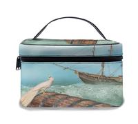 Borsa per il trucco in pelle, baule antico antico fantasia in onde dell'oceano con immagine della barca a torta di uccelli magici, borse per il trucco portatili impermeabili