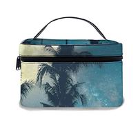 Borsa per il trucco in pelle, Beautiful Palm Tree Tropical Beach con la stella della Via Lattea nei cieli notturni, Borse per il trucco portatili impermeabili