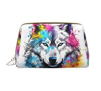 Borsa per il trucco in pelle, borsa per cosmetici da viaggio con lupo colorato, borsa da viaggio per donne, borsa per il trucco, organizer per trucchi di grande capacità, custodia per trucco carina