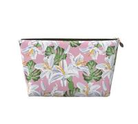 Borsa per il trucco in pelle, borsa per cosmetici da viaggio per donne, fiori di giglio, borsa per il trucco verde rosa, borsa per il trucco carina, borsa per il trucco impermeabile