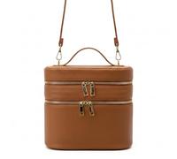 Borsa per il trucco in pelle, Borsa per il trucco Beauty Case, Cosmetico da viaggio a doppio strato con manici e tracolla, Organizer in pelle PU per donna, Marrone