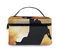 Borsa per il trucco in pelle, Bull Rider Silhouette al tramonto Cielo drammatico Campagna rurale Paesaggio Rodeo, Borse per il trucco portatili impermeabili