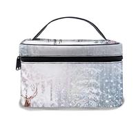 Borsa per il trucco in pelle, Cervi di Natale nella foresta gelida Alberi coperti di neve bianca Fantastico inverno, Borse per il trucco portatili impermeabili