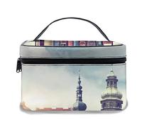 Borsa per il trucco in pelle, città fantasy con vecchi libri edifici in stile uccelli e cielo nuvoloso letteratura paesaggio urbano, borse per trucco portatili impermeabili