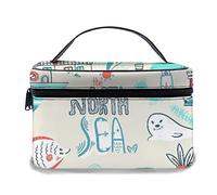 Borsa per il trucco in pelle, collezione scandinava Doodle del Mare del Nord con animali marini della barca del faro, borse per il trucco portatili impermeabili