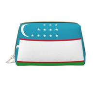 Borsa per il trucco in pelle con bandiera della Repubblica dell'Uzbekistan con cerniera a mano carina custodia per trucchi grande ampia custodia per penne, bianco, Taglia unica